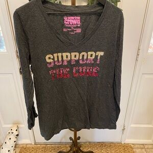 American Crown Sequin Breast Cancer T Shirt LS Support The Cure XL